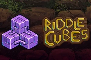 Lilla kube-formet objekt ved siden av teksten Riddle Cubes mot en bakgrunn av steiner og mose