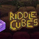 Lilla kube-formet objekt ved siden av teksten Riddle Cubes mot en bakgrunn av steiner og mose