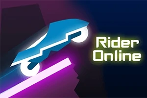 Blått futuristisk kjøretøy på en rosa rampe med teksten Rider Online i neonbokstaver