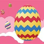 Flere fargerike påskeegg med sikksakk-mønstre flytende i en rosa himmel med skyer