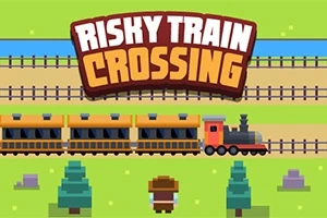 Et pixelerte tog kjører over flere jernbanespor med en person i brun hatt og klær som står på gresset i forgrunnen; teksten Risky Train Crossing vises øverst