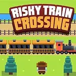 Et pixelerte tog kjører over flere jernbanespor med en person i brun hatt og klær som står på gresset i forgrunnen; teksten Risky Train Crossing vises øverst