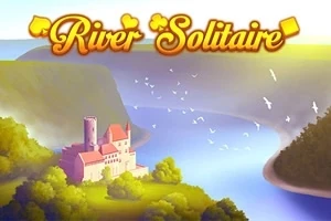 Et solfylt landskap med en elv, omgitt av grønne trær og en middelalderslott, med teksten River Solitaire øverst