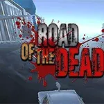 En tittel i blodrød grafikk med ordene ROAD OF THE DEAD over et dystert bymiljø med en bil på en øde vei
