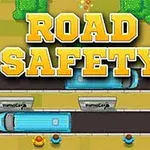 Teksten Road Safety vises over en vei med biler, trær og mennesker langs siden