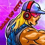 En muskuløs person med langt blondt hår, solbriller, caps, og røde hodetelefoner slår en knyttneve i luften, med teksten ROAR OF CITY på en fargerik bakgrunn