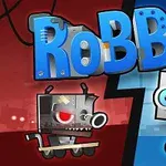 To roboter med ulike uttrykk er avbildet mot en delt bakgrunn i rødt og blått, med teksten RoBBie øverst