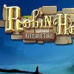 Teksten Robin Hood: Give and Take er plassert foran en bakgrunn med et vagt landskap