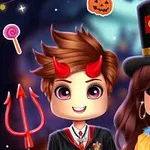 To an anime-lignende figurer, en i djevelkostyme med horn og en i sirkusdrakt med en høy hatt, med en bakgrunn som viser halloween-elementer som gresskar og stjerner