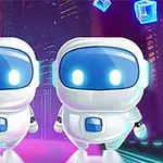 To futuristiske roboter med blå ansikter står foran en neonbelyst bybakgrunn med svevende blå kuber