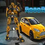 Gult sportsbil ved siden av en stor, gul robot i et industrilokale med teksten RoboRacing i bakgrunnen