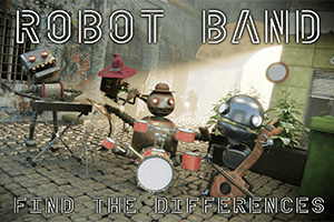 Fire roboter spiller musikkinstrumenter i en gate med brostein og vegetasjon