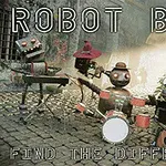 Fire roboter spiller musikkinstrumenter i en gate med brostein og vegetasjon