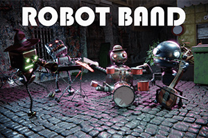 En gruppe roboter spiller musikkinstrumenter på en brosteinsbelagt gate med teksten Robot Band over dem