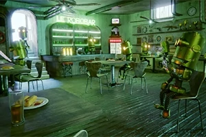 En bar med flere menneskelignende roboter som sitter ved bordene, omgitt av et neonskilt som lyder LE ROBOBAR