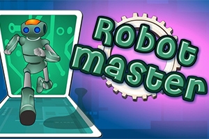 En robotfigur som løper ut av en skjerm ved siden av teksten Robot master med girdekorasjon på en fargerik bakgrunn