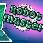 En robotfigur som løper ut av en skjerm ved siden av teksten Robot master med girdekorasjon på en fargerik bakgrunn