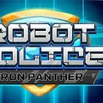 Tekst i metallisk stil med ordene Robot Police Iron Panther mot en blå bakgrunn med glødende elementer og et skjold