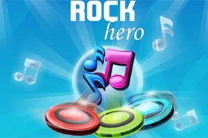 Fargerike noter og skiver på en blå bakgrunn med teksten Rock Hero øverst