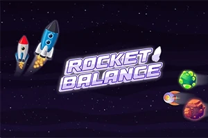To raketter i rommet ved siden av teksten Rocket Balance og flere fargerike planeter