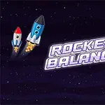 To raketter i rommet ved siden av teksten Rocket Balance og flere fargerike planeter