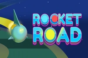 En rakett vises ved siden av fargerik tekst med ordene Rocket Road mot en mørk bakgrunn