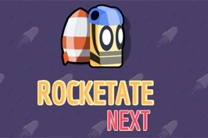 Tegneseriefigur med en propell-lignende ryggsekk omgitt av teksten ROCKETATE NEXT på lilla bakgrunn med rakettmønster