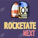 Tegneseriefigur med en propell-lignende ryggsekk omgitt av teksten ROCKETATE NEXT på lilla bakgrunn med rakettmønster