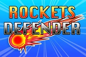 Tekst Rockets Defender i sterke bokstaver over et bilde av en brennende komet med blå bakgrunn