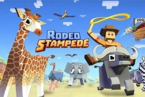 En blokkaktig animert figur rir på en okse, omgitt av en giraff, elefant, struts og sebra på en savanne, med fargerike bokstaver midt i bildet