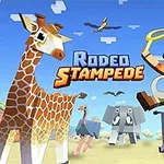 En blokkaktig animert figur rir på en okse, omgitt av en giraff, elefant, struts og sebra på en savanne, med fargerike bokstaver midt i bildet