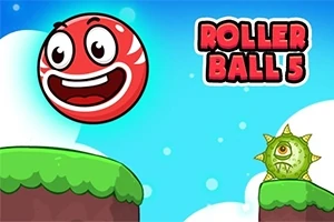 Rød ball med ansikt svever over en grønn plattform ved siden av en grønn piggete skapning, med blå himmel og skyer i bakgrunnen