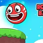 Rød ball med ansikt svever over en grønn plattform ved siden av en grønn piggete skapning, med blå himmel og skyer i bakgrunnen