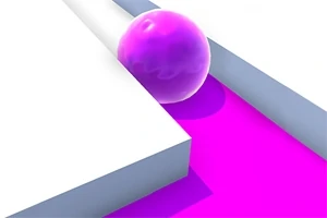 En lys lilla kule ruller langs en hvit gang med en klar rosa stripe i midten