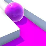 En lys lilla kule ruller langs en hvit gang med en klar rosa stripe i midten