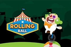En klovn med grønt hår og rødt nese, kledd i hvitt, balanserer på en enhjulssykkel på en fargerik ball ved siden av et sirustelt og teksten Rolling Ball