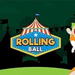 En klovn med grønt hår og rødt nese, kledd i hvitt, balanserer på en enhjulssykkel på en fargerik ball ved siden av et sirustelt og teksten Rolling Ball