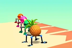 En ananas med mekaniske bein etterfulgt av andre fargerike objekter på en stripete overflate