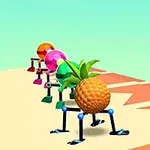 En ananas med mekaniske bein etterfulgt av andre fargerike objekter på en stripete overflate