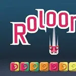 Tittelen Roloong i rosa og hvitt med et illustrert ansikt mellom ordene og fargerike firkantede symboler nederst