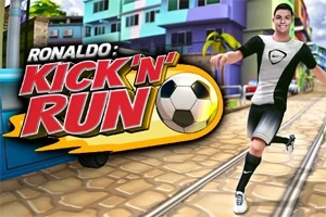 En animert figur i sportsantrekk løper langs en brosteinsbelagt gate med fargerike bygninger i bakgrunnen, ved siden av teksten Ronaldo: KicknRun og en fotball