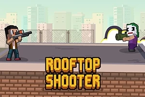 To pixelfigurer med våpen på en takterrasse, med teksten ROOFTOP SHOOTER i forgrunnen