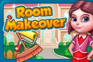 Tegnet jente i rød kjole foran et hus med teksten Room Makeover og en malekost og kost ved siden av