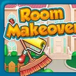 Tegnet jente i rød kjole foran et hus med teksten Room Makeover og en malekost og kost ved siden av