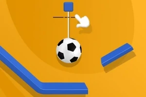 En fotball henger fra en hvit stang med en blå firkantet blokk på toppen, en pekerhånd er ved siden av, med blå plattformer på en gul bakgrunn