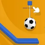 En fotball henger fra en hvit stang med en blå firkantet blokk på toppen, en pekerhånd er ved siden av, med blå plattformer på en gul bakgrunn
