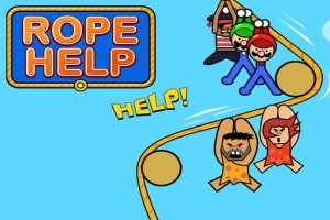 Tegneseriefigurer i ulike kostymer henger fra et tau mot blå bakgrunn, med teksten Rope Help og Help!