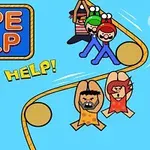 Tegneseriefigurer i ulike kostymer henger fra et tau mot blå bakgrunn, med teksten Rope Help og Help!
