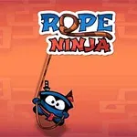 En tegneserie-ninja henger fra et tau på en oransje bakgrunn med teksten Rope Ninja