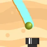 En grønn ball ruller langs en blå sti over en beige bakgrunn med bølgende striper, mot en svart pipe
